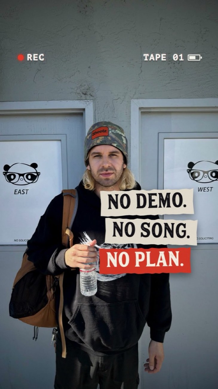 Reel cover: musician in a beanie against a grey wall with stacked labels reading 'No demo. No song. No plan.' and a camcorder REC overlay