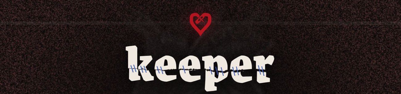 Keeper wordmark, stitched cream lettering with a red heart mark above, on dark static