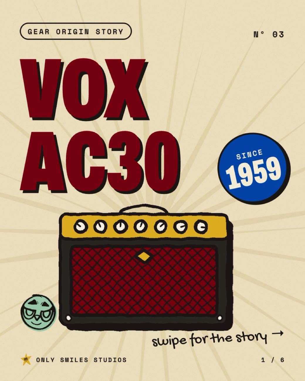 Gear origin story carousel slide about the Vox AC30 amp, cream and burgundy
