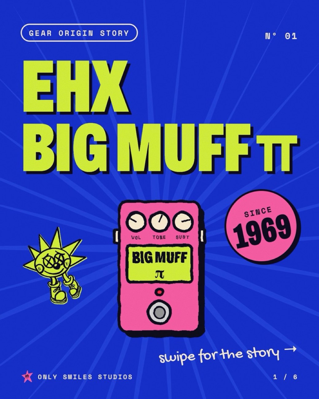 Gear origin story carousel slide about the Big Muff fuzz pedal, cobalt blue