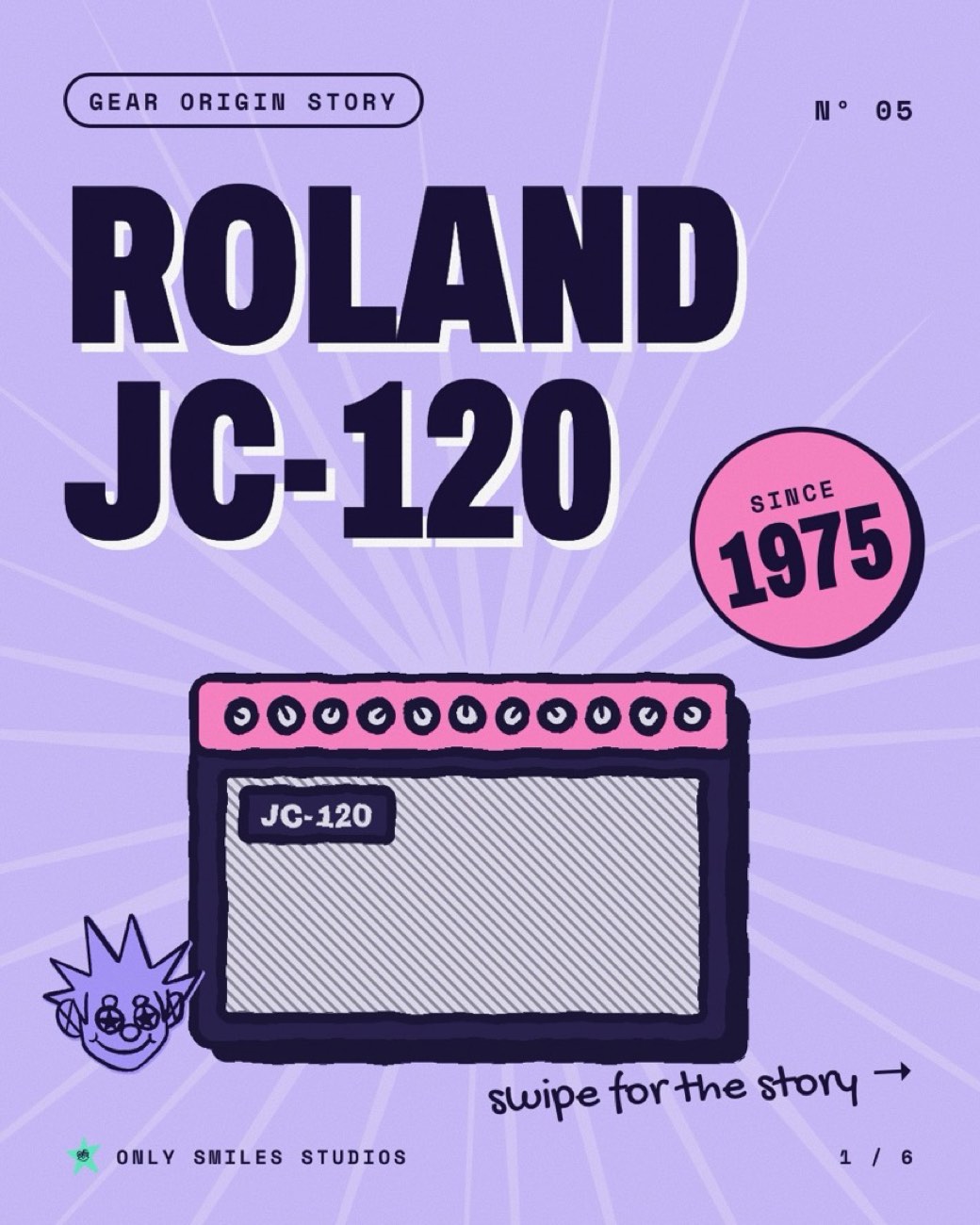 Gear origin story carousel slide about the Roland JC-120, lavender and mint