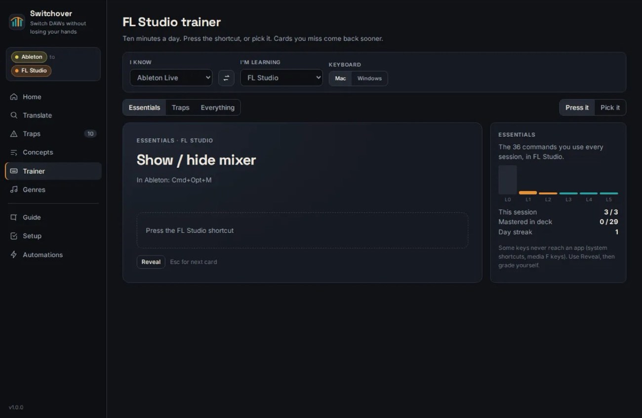 Switchover shortcut trainer screen