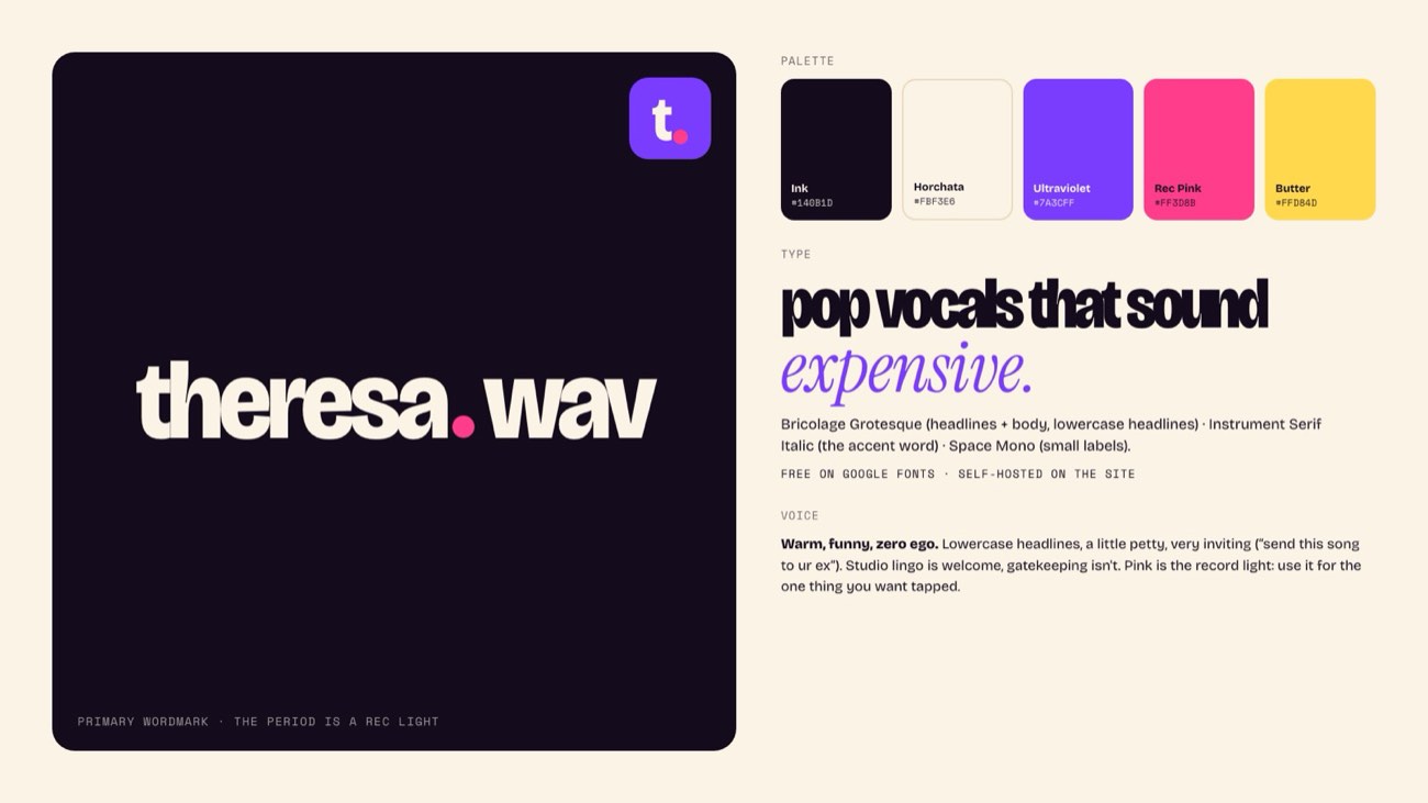 Theresa.wav brand sheet with logos, colors and type