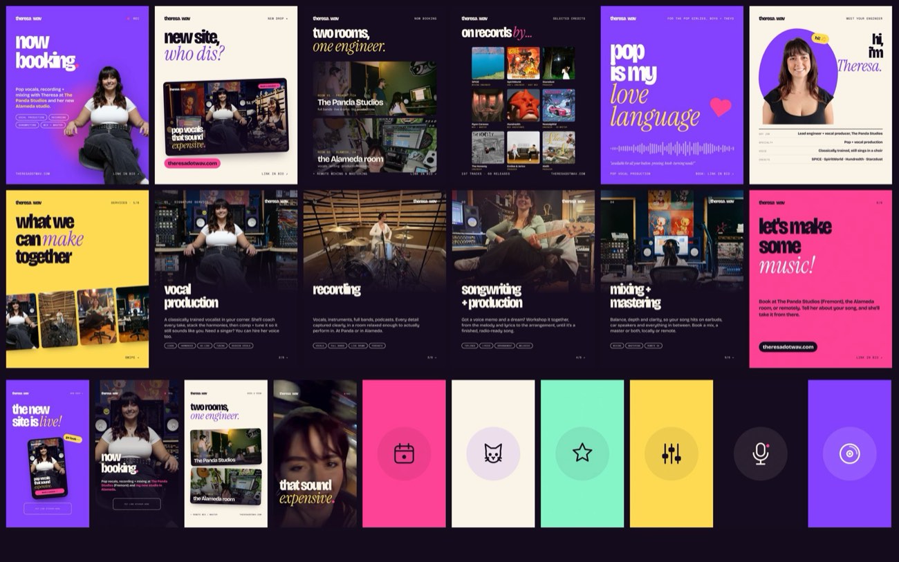 Overview of the Theresa.wav social kit: profile picture, feed posts, stories and highlight covers