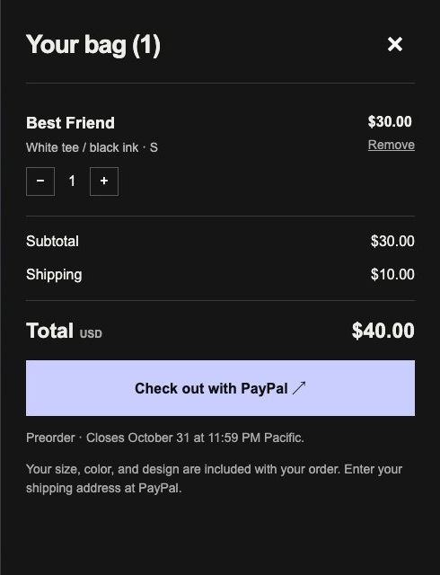 The Thorne Baker bag drawer: one tee, subtotal, shipping, total, and a Check out with PayPal button