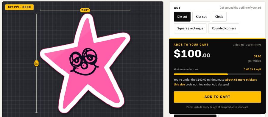 The Visual Concepts sticker editor: a die-cut star with its outline, size, resolution check and a live price